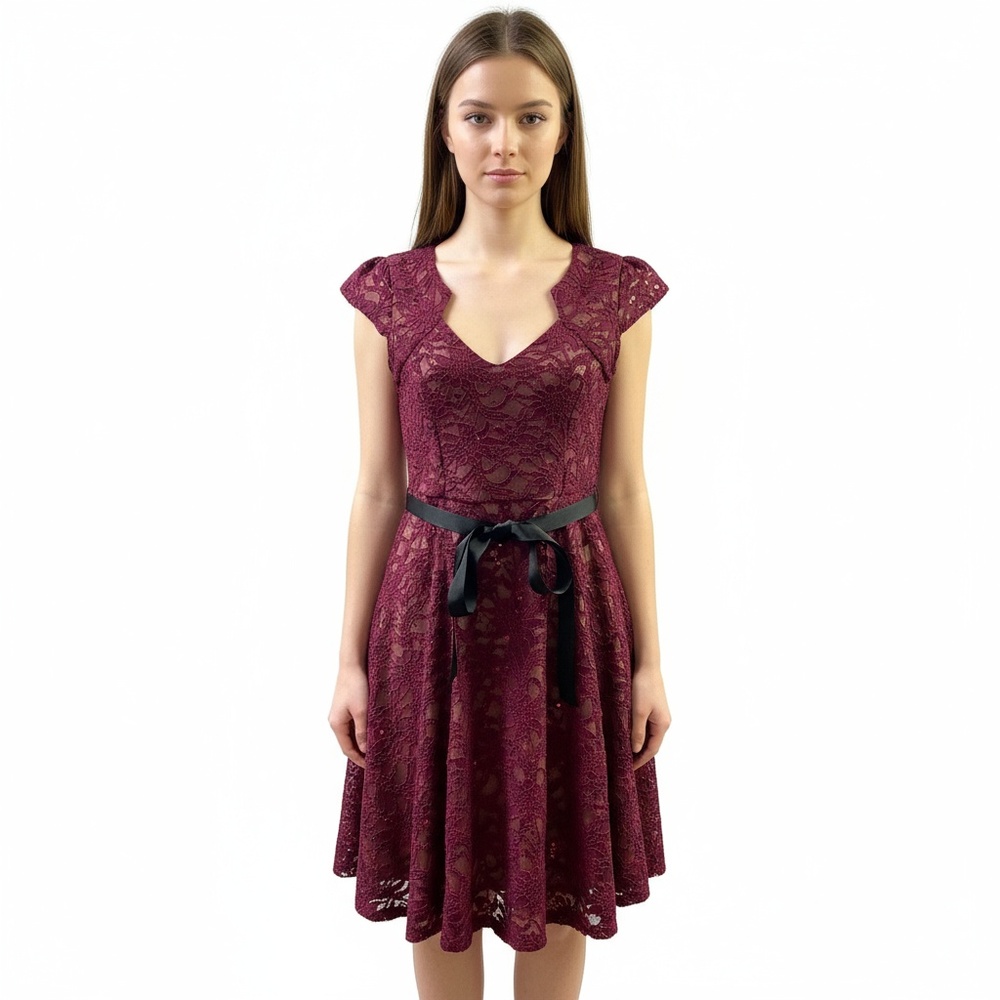 Yellow Star Fit & Flare Dress Size Small Burgundy Lace Sequin Cap‎ Sleeve Glam